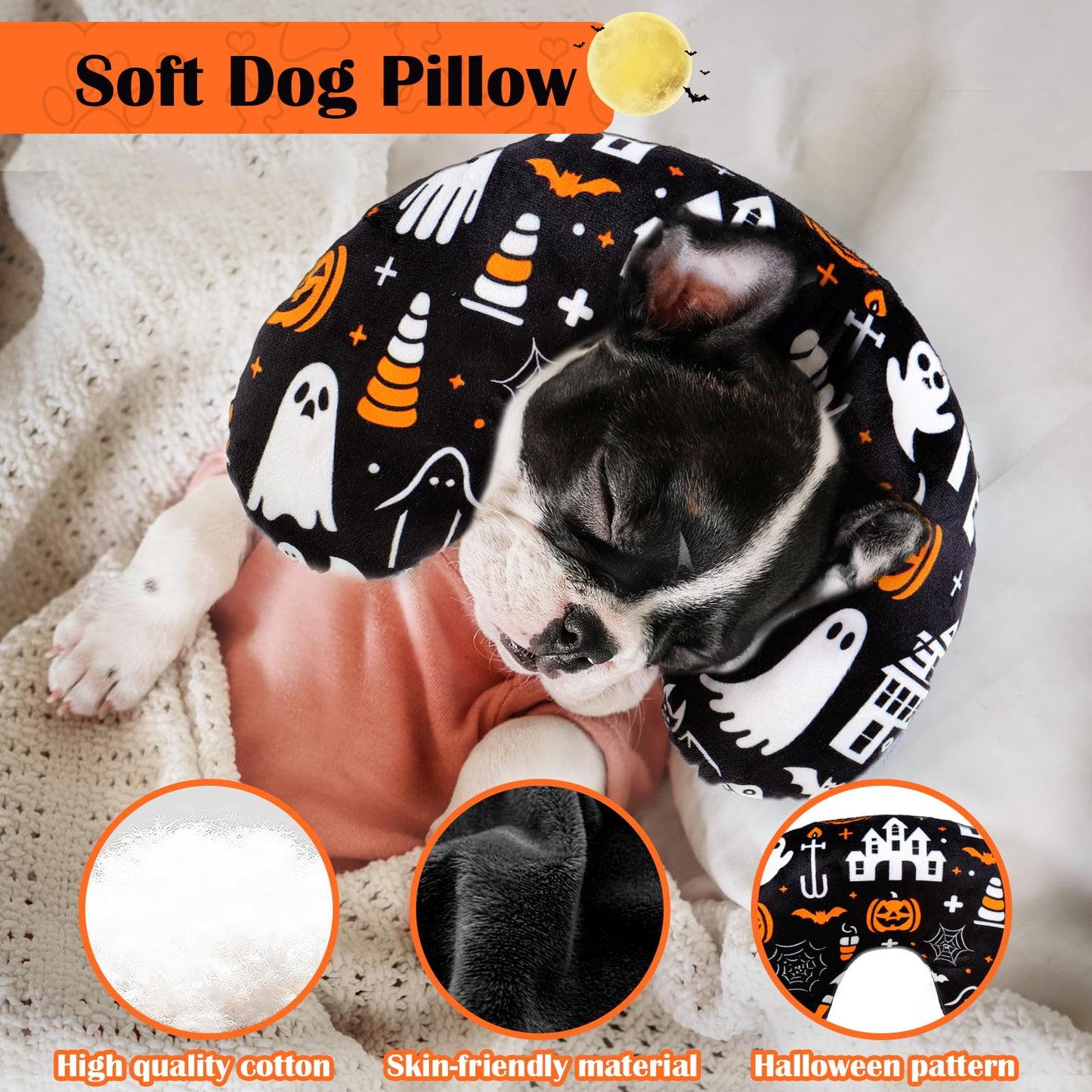 BABORUI Dog Pillow for Small Dogs, U Shaped Dog Neck Calming Pillow for Joint Relief Sleeping Improve, Machine Washable Pet Pillow for Dogs & Cats(Halloween)