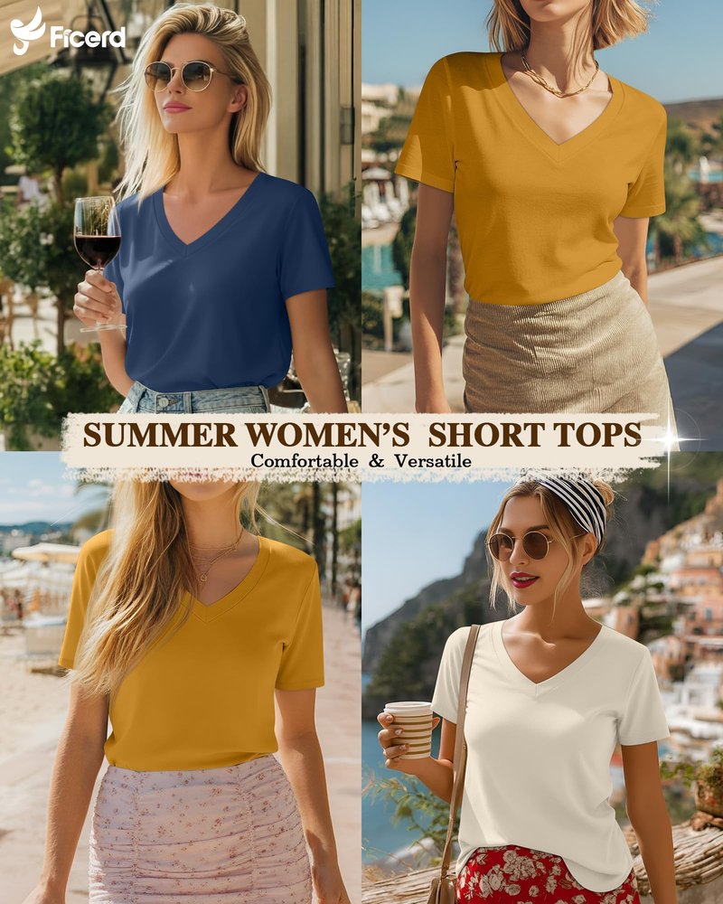 Ficerd 3 Pack Women's V Neck T-Shirts Short Sleeve Tunic Tops Casual Summer Curved Hem Tees Loose Fit Solid Basic Tshirt 2026(Turmeric, Cream, Hazy Blue,X-Large)