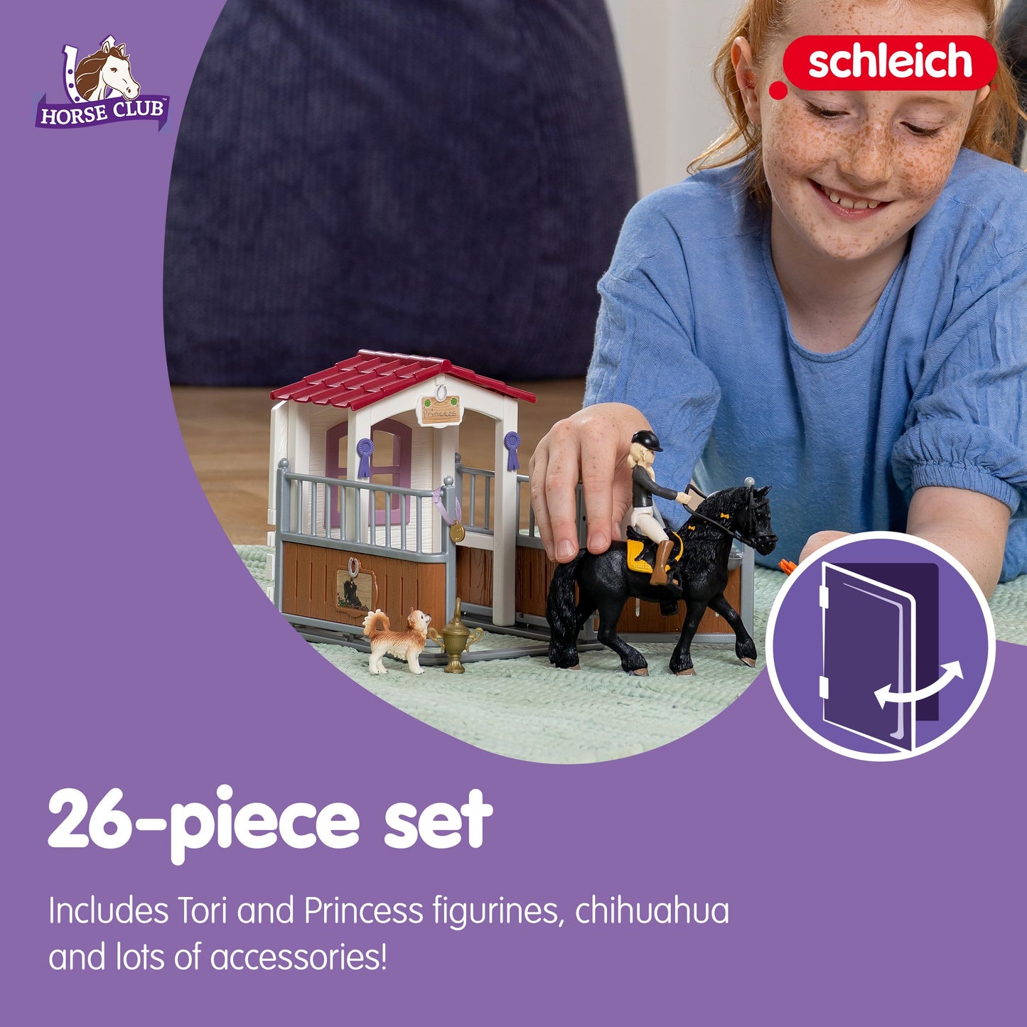 SCHLEICH Horse Club - 26 PC Tori and Princess Horse Toy Stall Playset with Dog Figurine and Accessories - Realistic, Posable Rider Figure and Pony Toys for Girls and Boys - Kids Ages 5+ - 42710