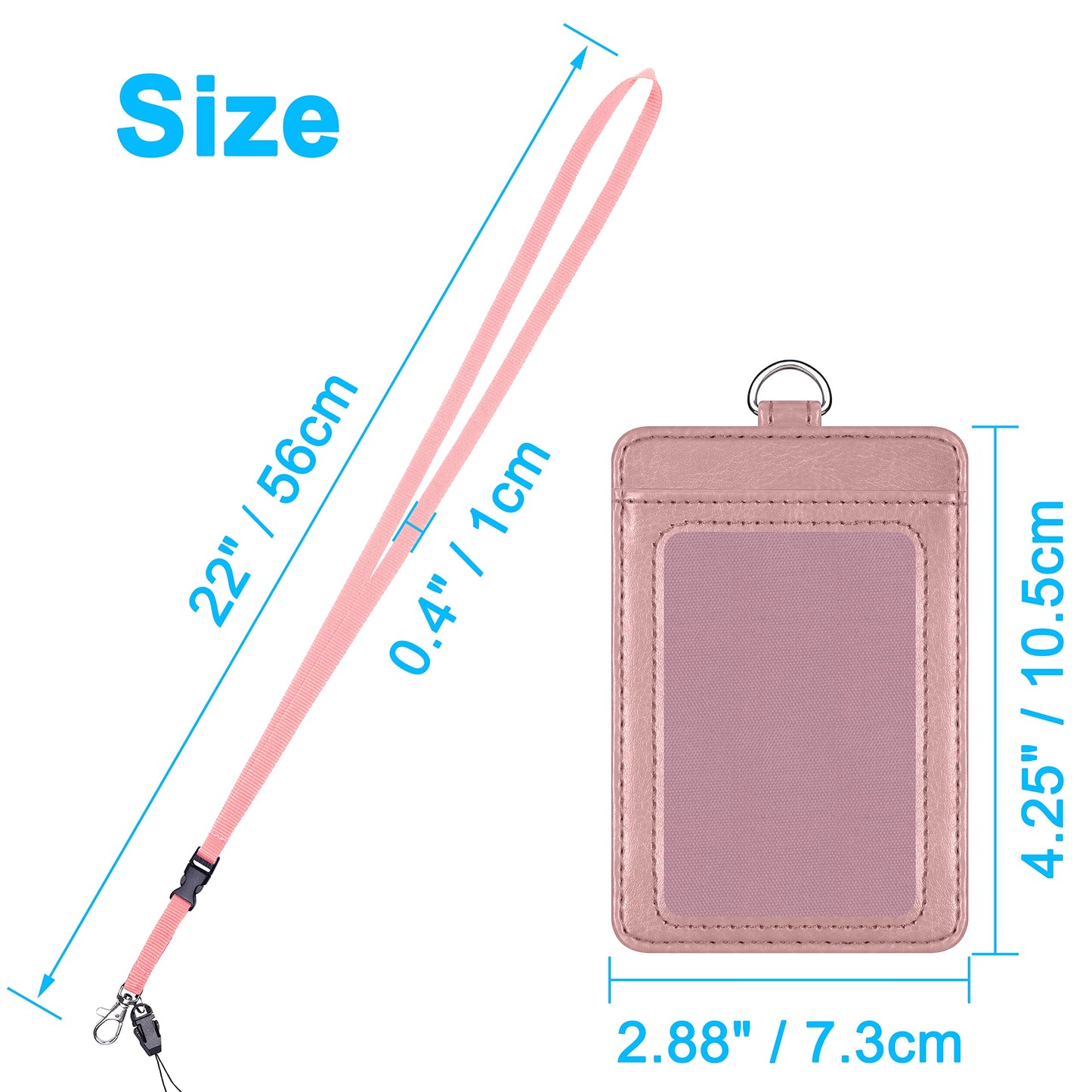 Badge Holder, Wisdompro 2-Sided PU Leather ID Badge Card Holder Wallet Case with 1 Clear ID Window and 1 Credit Card Slot and 22 Inch Quick Rlease Detachable Neck Lanyard Strap-Rose Gold (Vertical)