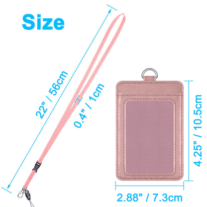 Badge Holder, Wisdompro 2-Sided PU Leather ID Badge Card Holder Wallet Case with 1 Clear ID Window and 1 Credit Card Slot and 22 Inch Quick Rlease Detachable Neck Lanyard Strap-Rose Gold (Vertical)
