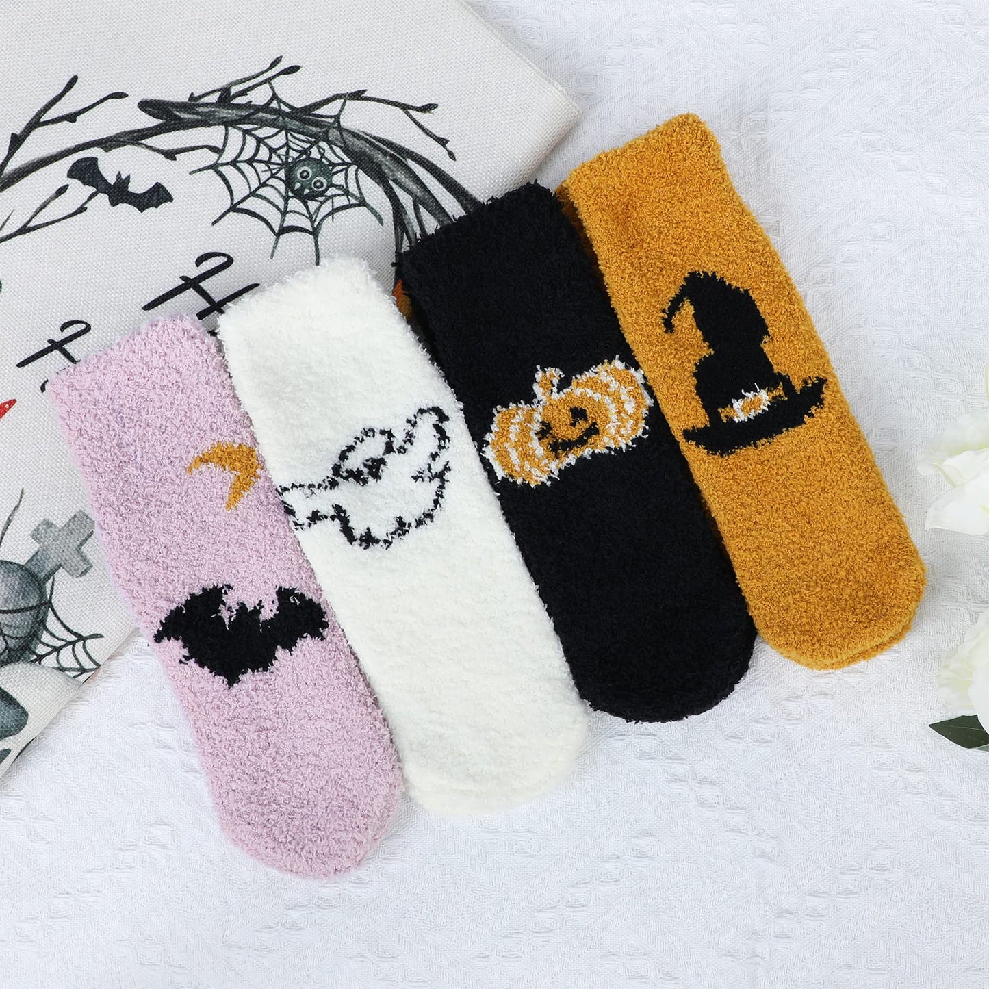 Century Star Halloween Socks Womens Fuzzy Socks Soft Fluffy Socks Winter Socks Sports Outdoor Sock Athletic Socks for Christmas 4 Pairs Halloween Pattern One Size