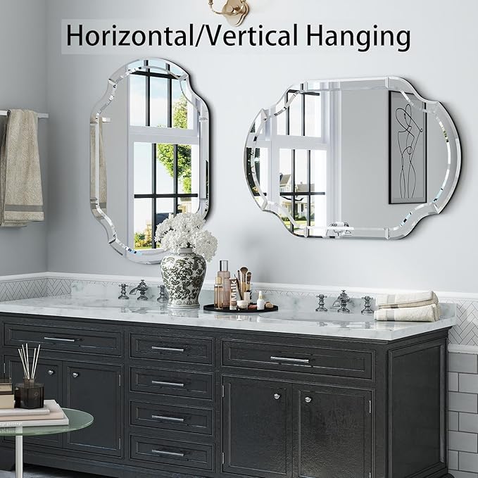 Large Decorative Mirrors, 28" X 40" Elegant Living Room Mirror with Glass Pieces and Beveled Edge, Vanity Mirror for Bedroom Bathroom Entryway Hang Horizontally or Vertically