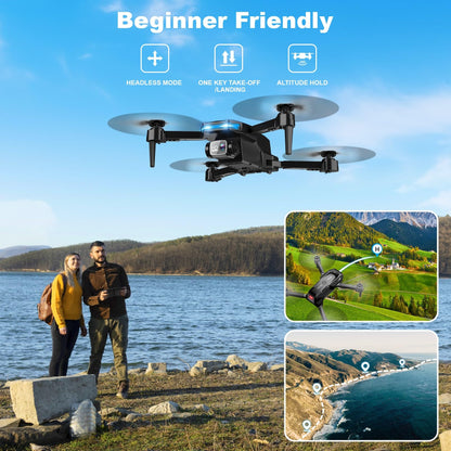 Drone with 1080P Camera - Foldable Remote Control Quadcopter with Voice Gesture Control, 3D Flip, One Key Start, Emergency Stop, 2 Batteries, Easier to use, Toy for Adults Beginners, Black