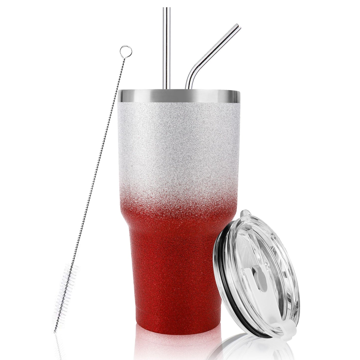 D·S 30 oz Tumbler Christmas Red Glitter Gradient Cup Stainless Steel Double Wall Vacuum Insulated Mug with Straw and Lid, Cleaning Brush for Cold and Hot Beverages