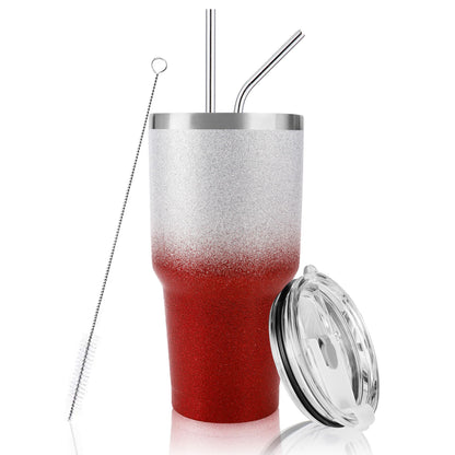 D·S 30 oz Tumbler Christmas Red Glitter Gradient Cup Stainless Steel Double Wall Vacuum Insulated Mug with Straw and Lid, Cleaning Brush for Cold and Hot Beverages