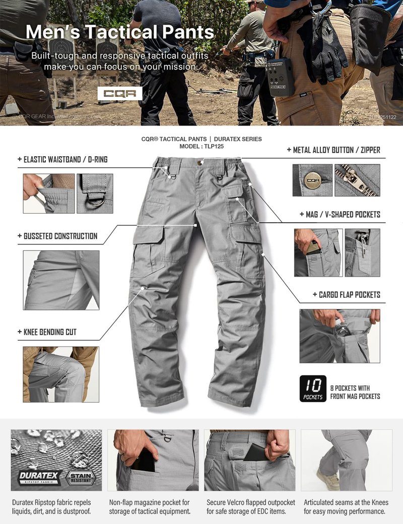 CQR Men's Tactical Pants, Water Resistant Ripstop Cargo Pants, Lightweight EDC Work Hiking Pants, Outdoor Apparel, Duratex Mag Pocket Stone, 42W x 32L