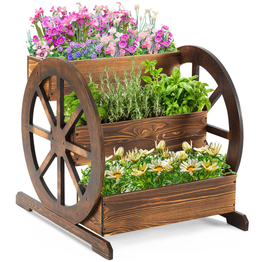 Beeveer 3 Tier Wooden Wagon Planter Box 24" x 24.5" x 22.5" Garden Planter for Outside Wood Planter Box with Drainage Holes Decorative Planters for Patio Garden Balcony Vegetables Flowers Herbs