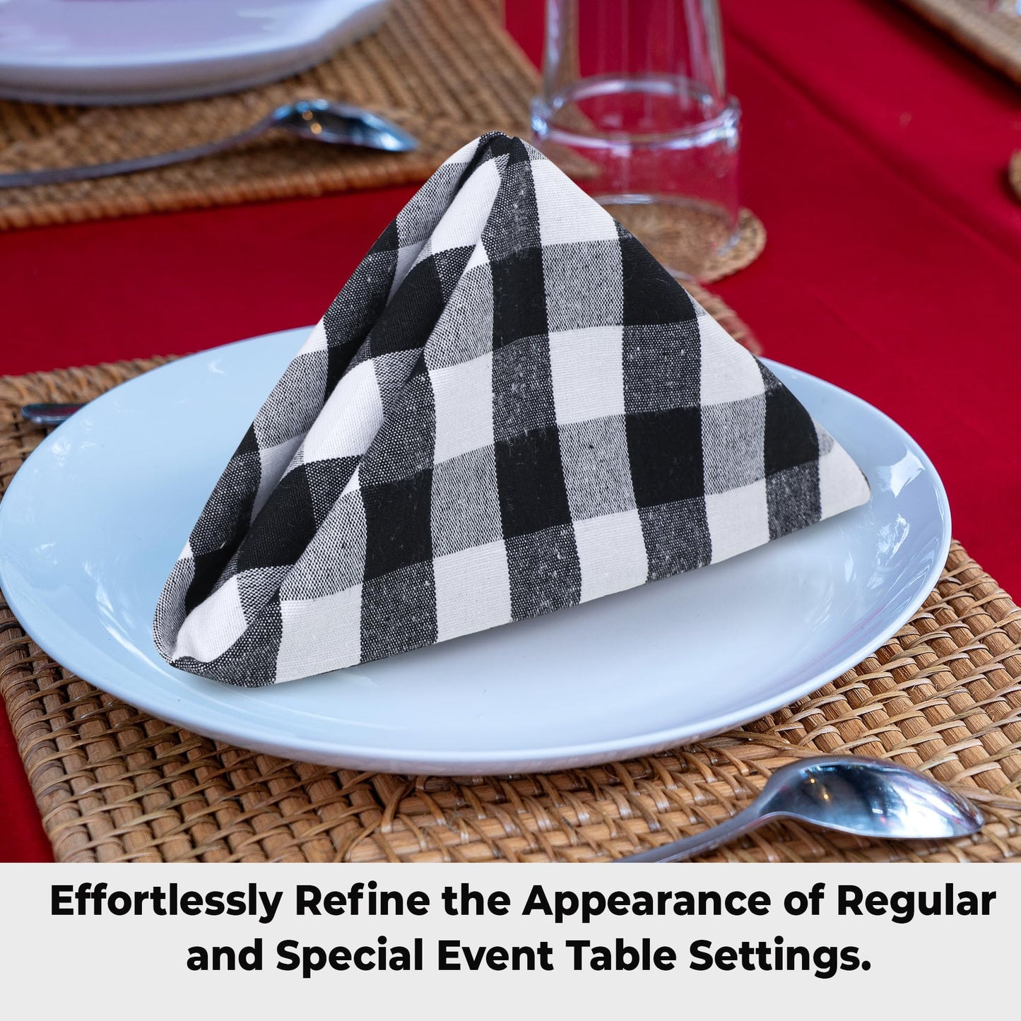 Urban Villa Cloth Napkins 100% Cotton Dinner Napkins Highly Absorbent 20x20 Inches (Set of 12) Black White Buffalo Checks Reusable Washable Soft Durable Premium Napkins Ideal for Home Wedding Parties