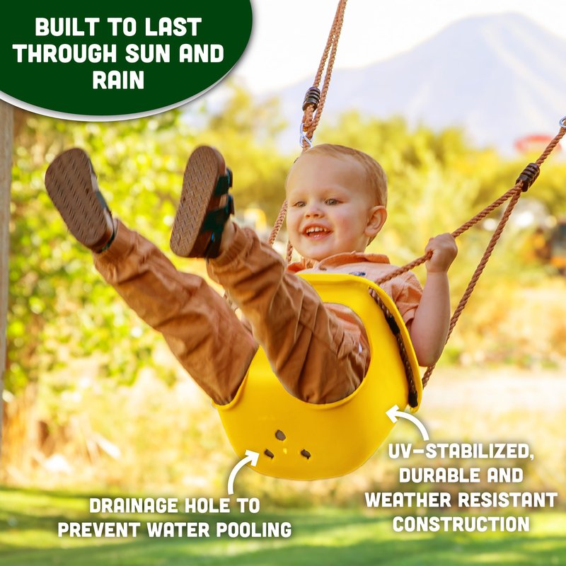 Acorn Adventures Toddler Swing Seat – Baby Bucket Swing for Outdoor Backyard & Porch, Adjustable Ropes, Easy Install, Weather-Resistant HDPE - Yellow