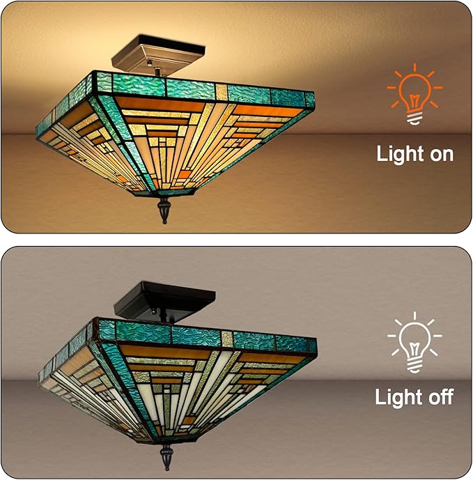 Capulina Tiffany Lamp Stained Glass Ceiling Light 2 Light 14 Inches Wide Amber Green Tiffany Style Semi Flush Mount Ceiling Lamp for Kitchen Porch Entryway Bathroom Hallway