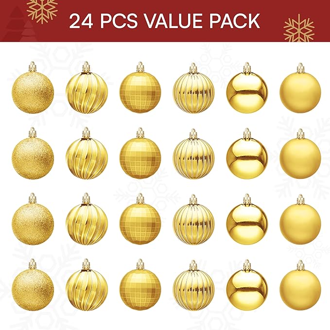 JOIEDOMI 24 Pcs Gold Shatterproof Christmas Balls Ornaments, 2.36" Christmas Tree Decoration Ornaments Set, Xmas Hanging Decorations for Tree Wreath Garland Wedding Indoor Holiday Party Decor