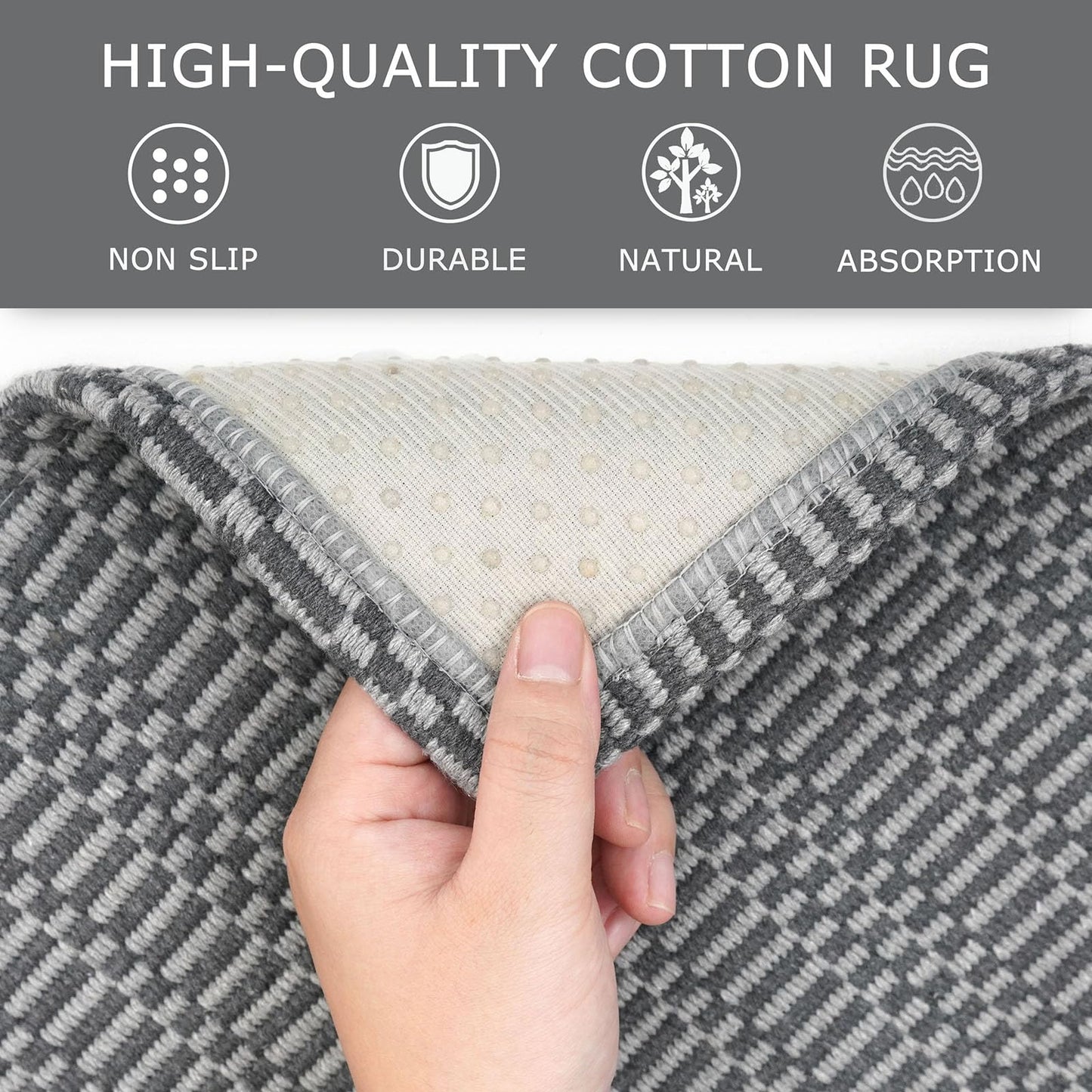KOZYFLY Washable Area Rug 4x6 Ft Rubber Backed Rugs for Entryway Bedroom Throw Rugs Boho Entry Rug, Cotton Braided Floor Carpet for Dining Room Living Room, Grey/Charcoal Grey