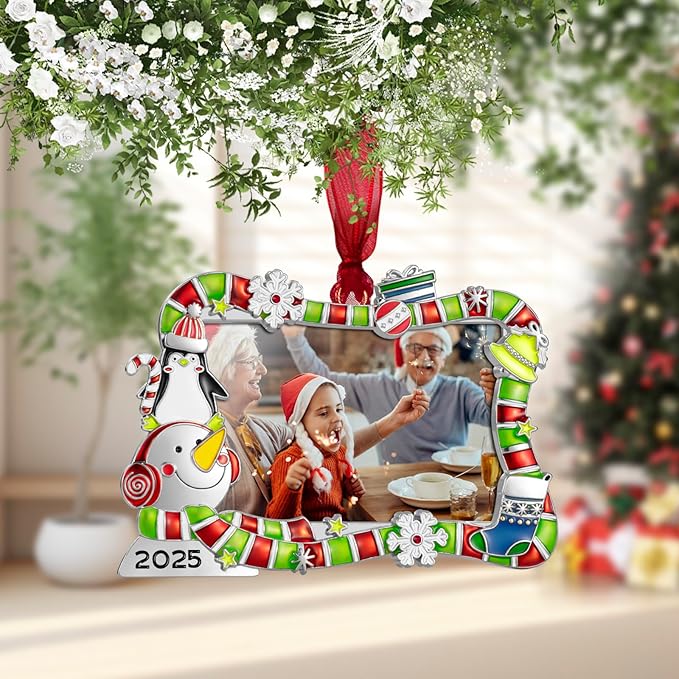 2025 Christmas Tree Ornament Picture Frame Ornament Made of Zinc Alloy Glitter Powder Pendant 3x2 Picture Frame for Pet, Baby Holiday Keepsake Gift (Snowman Snowflake, Silvery)