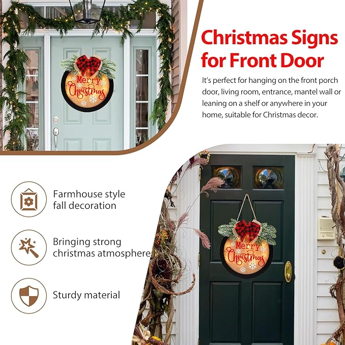 HOMCDALY Merry Christmas Welcome Sign for Front Door, Winter Merry Christmas Wreath with Light, Farmhouse Door Decoration Wooden Hanging Sign, Christmas Decoration (F-Xmas-Black)