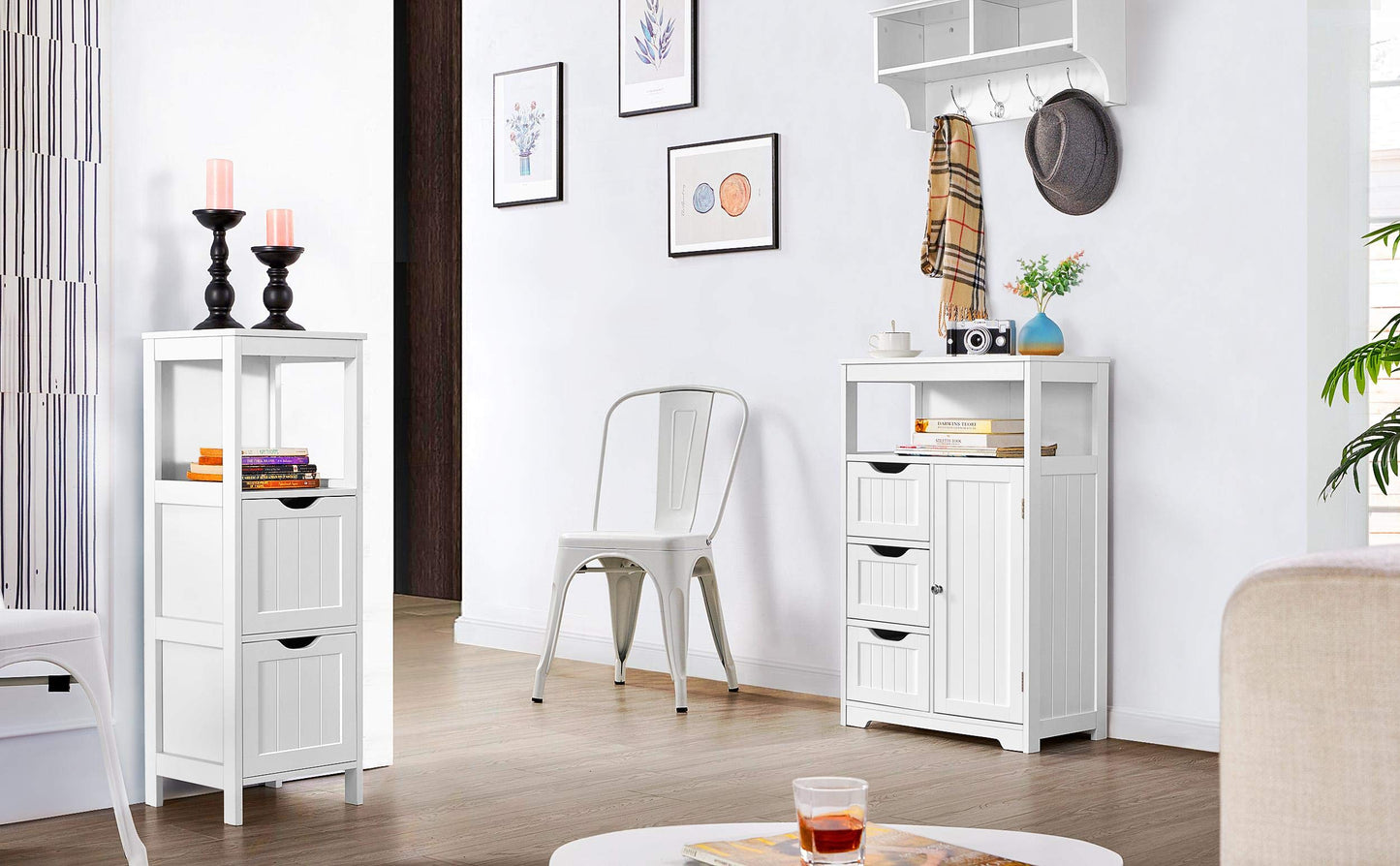 Yaheetech Bathroom Storage Units with Open Storage Shelf Free-standing Floor Cabinets Sideboard with 3 Drawers and 1 Door, Adjustable Shelf for Living Room Kitchen Entryway White