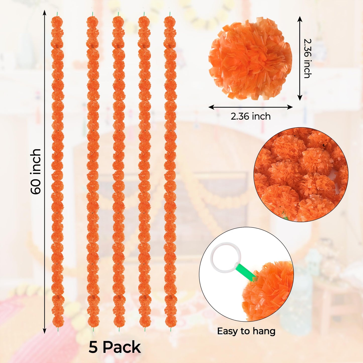 GOMALL 5Pcs Marigold Garland for Decoration,5 Feet Artificial Marigold Flowers Diwali Decorations for Home,Orange Artificial Marigold Heads for Diwali Party,Indian Weddings,Halloween,Wreath