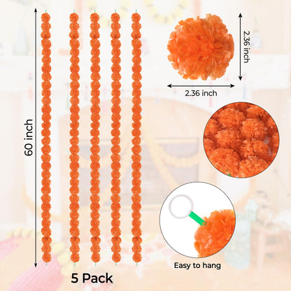 GOMALL 5Pcs Marigold Garland for Decoration,5 Feet Artificial Marigold Flowers Diwali Decorations for Home,Orange Artificial Marigold Heads for Diwali Party,Indian Weddings,Halloween,Wreath
