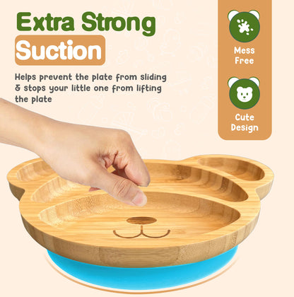 Bamboo Plates for Kids - Baby & Toddler Plates with Suction for Feeding & Weaning, Eco-Friendly Bear Design Promotes Self-Feeding, Ideal for Busy Moms & Dads, Sturdy & BPA-Free (Blue)