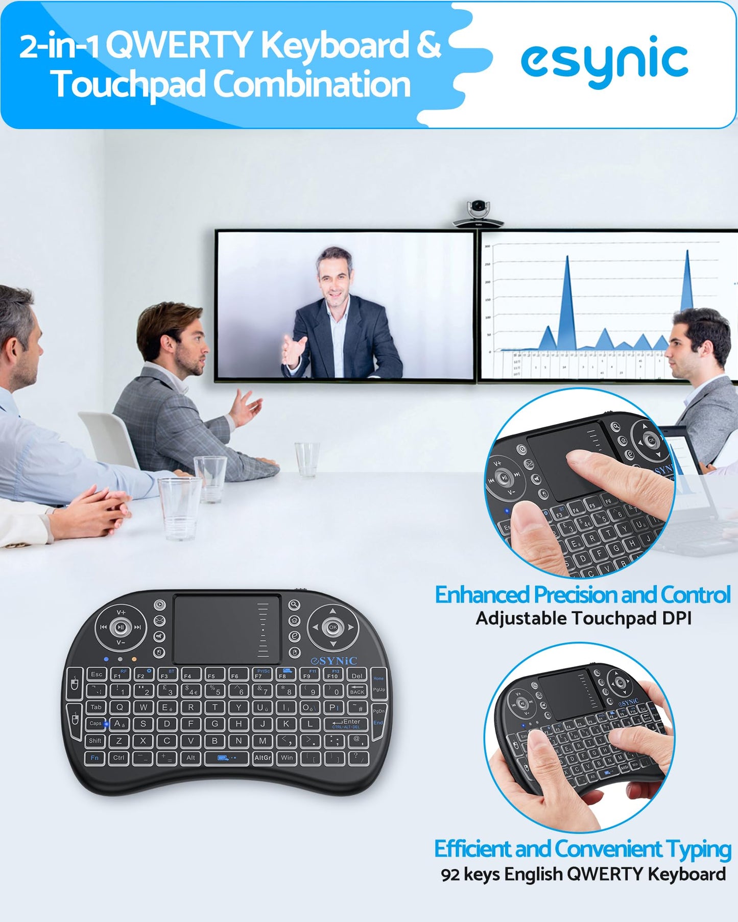 eSynic Upgraded Backlit Keyboard Wireless Bluetooth 2.4GHz Keyboard Touchable Portable with Touchpad Mouse and Built-in Rechargeable Battery For Google Smart TV Android Box Windows Laptop
