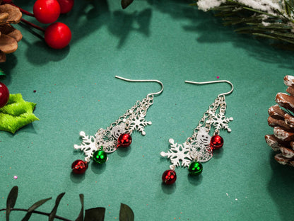 RareLove Three Layered Christmas Ring Bell Piercing Dangle Earrings Snowman Snowflake Silver Plated Alloy Holiday Jewelry For Women
