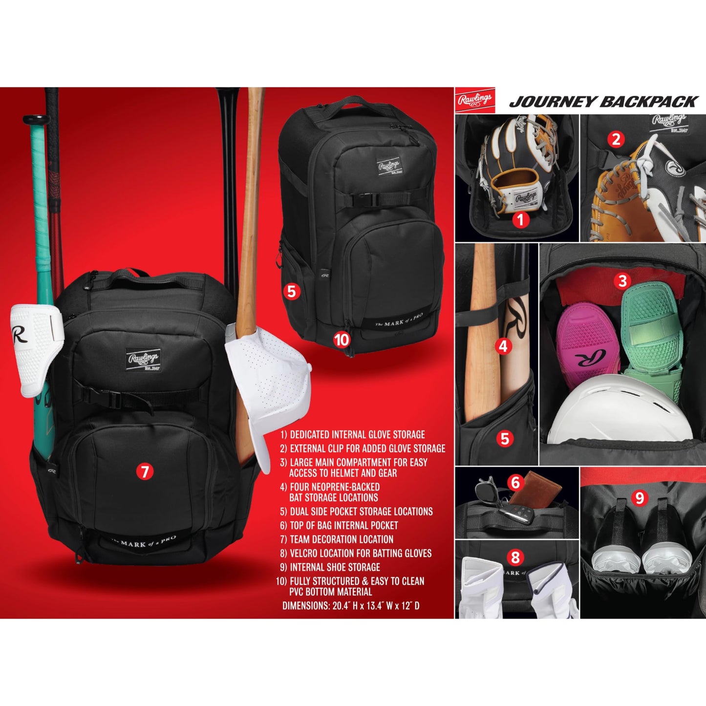 Rawlings | THE JOURNEY Player's Backpack | Baseball/Softball | White