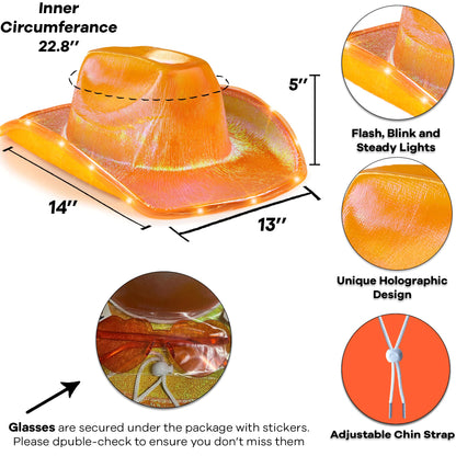 Funcredible Orange Light Up Cowboy Hat and Glasses - Led Cowgirl Hat for Girls - Neon Cowboy Hat - Cowgirl Costume Accessories for Women
