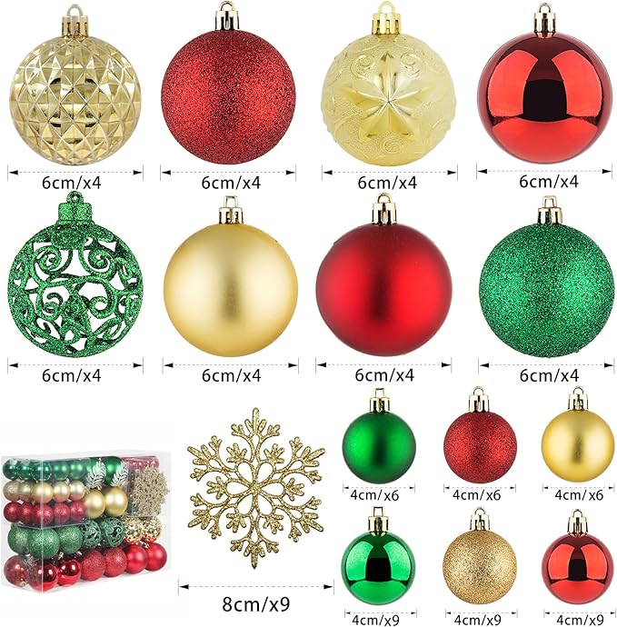 SY CRAFT 86 Pieces of Assorted Shatterproof Christmas Ball Snowflake Ornaments Seasonal Decorative Hanging Ornament Set with Hand-held Gift Package for Xmas Tree Decorations (86PCS, Green Red Gold)