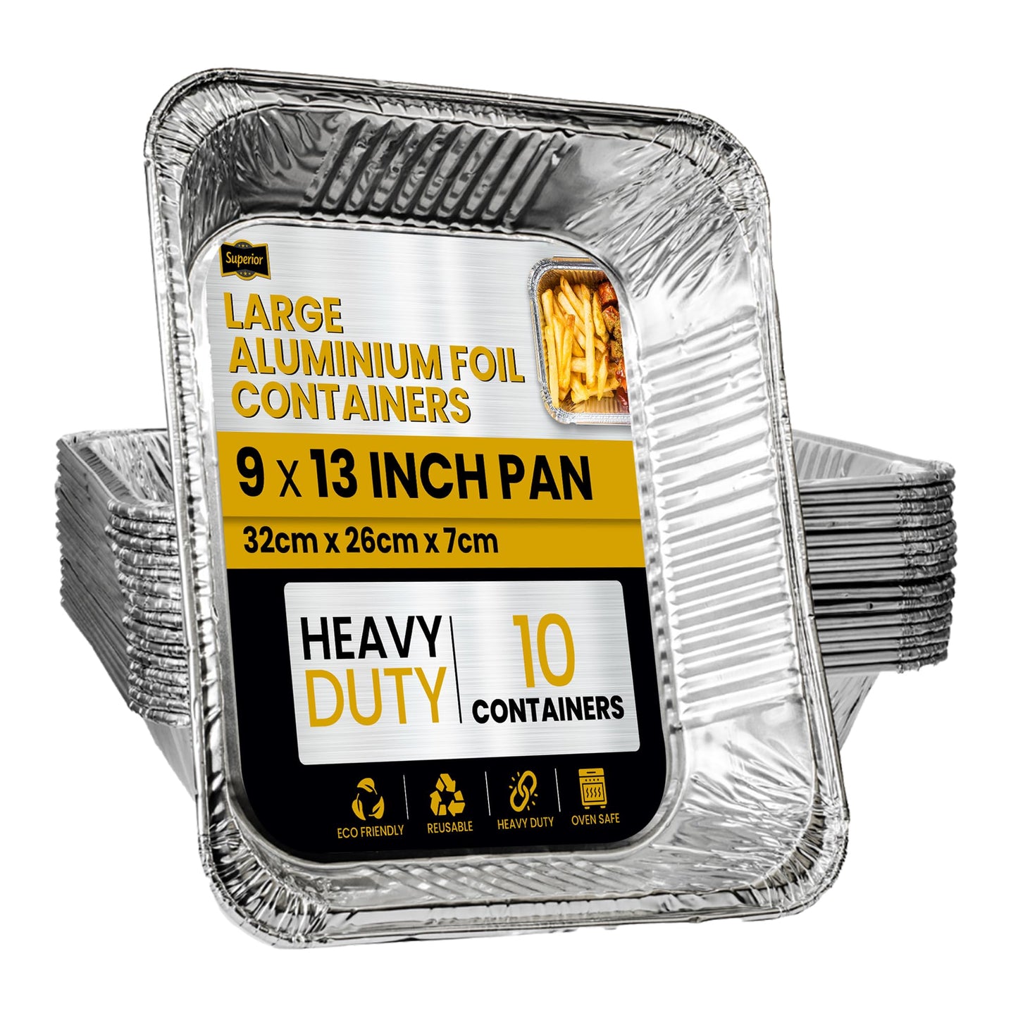Superior Large Foil Aluminium Trays Pack of 10 – Heavy-Duty Deep Tin Foil Trays 32 x 26 cm Ideal for Cooking Baking Roasting BBQ Meal Prep Storage Tray – Foil Containers for Christmas Parties