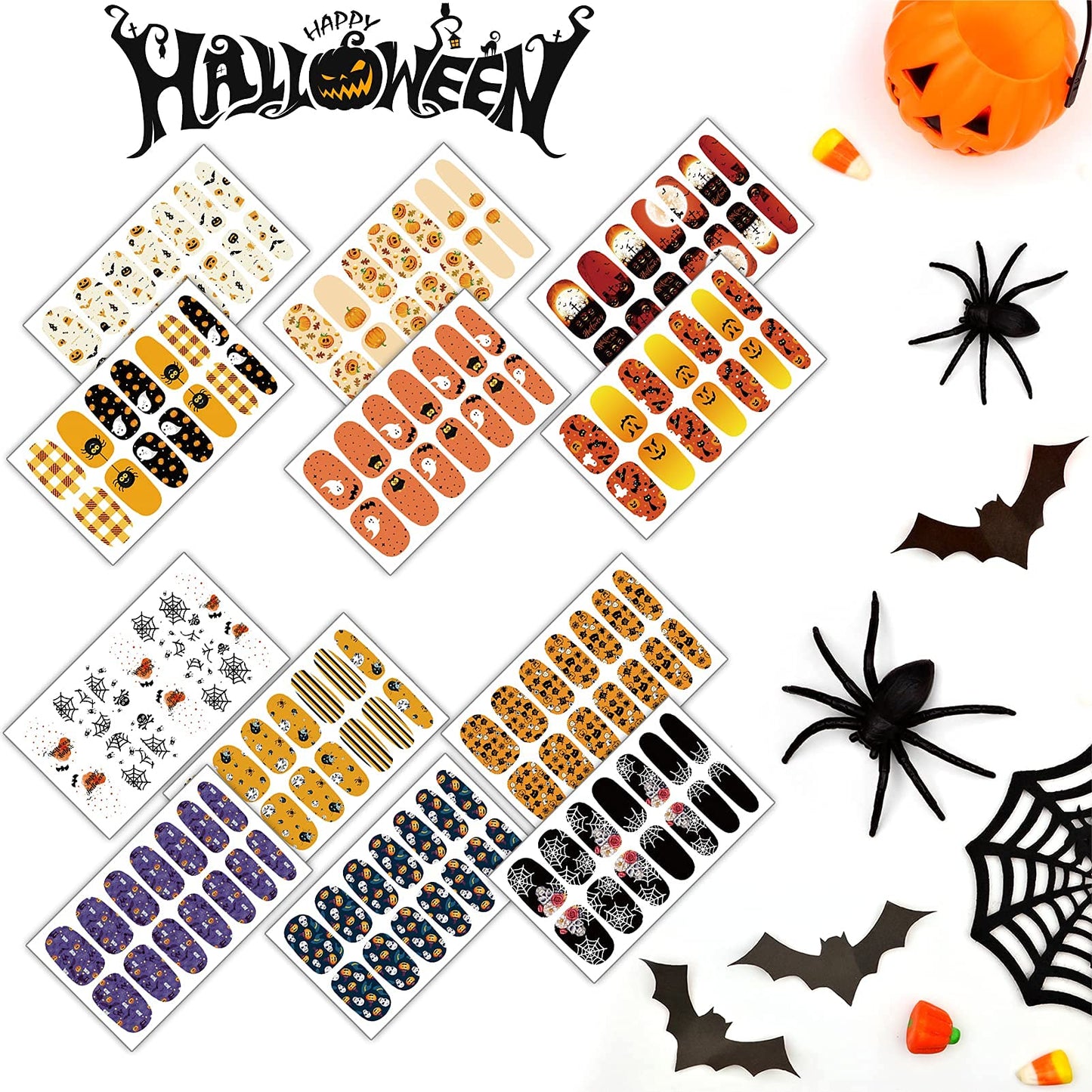 TailaiMei 12 Sheets Halloween Nail Wraps Stickers Nail Polish Strips Self-Adhesive Full Wraps with 2 pcs Nail Files for DIY Nail Art Decals (Pumpkin Style)