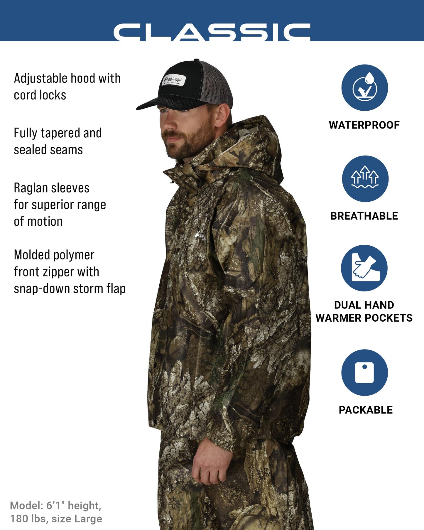 FROGG TOGGS Men's Classic Pro Action Waterproof Breathable Rain Jacket, Realtree APX, Large