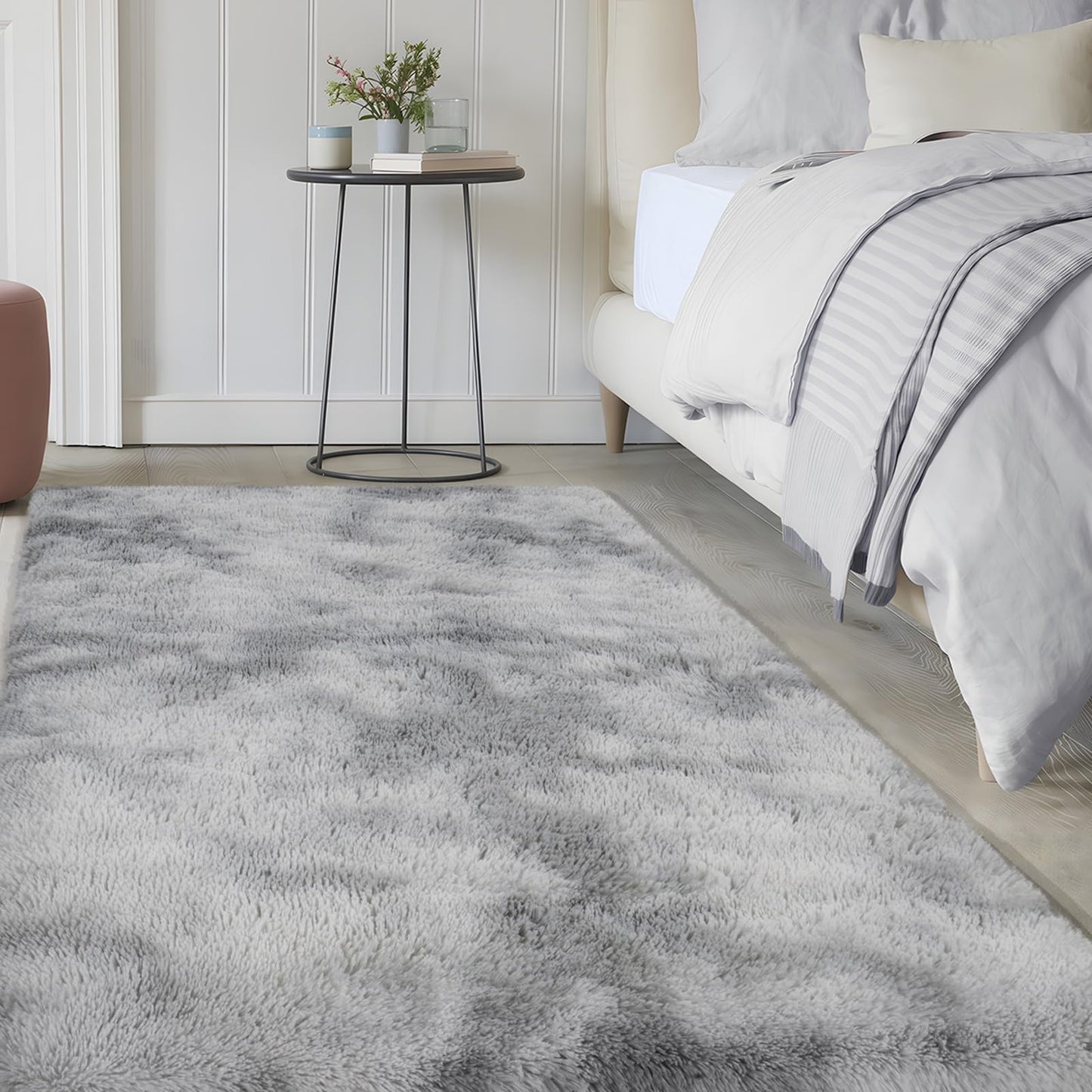 SOANNY Living Room Rugs, Soft Fluffy Area Carpet for Bedroom Dorm Nursery Bedside Kids Room Lounge Office, Luxury Tie-dyed Shag Washable Throw Rug for Home Decor, Light Grey, 120x180 cm