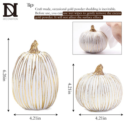 DN DECONATION White and Gold Fall Pumpkin Decorations Thanksgiving Table Centerpieces, 2 Pcs Artificial Luxury Resin Pumpkins Figurines for Decorating, Autumn Harvest Fall Home Decor Shelf Mantel