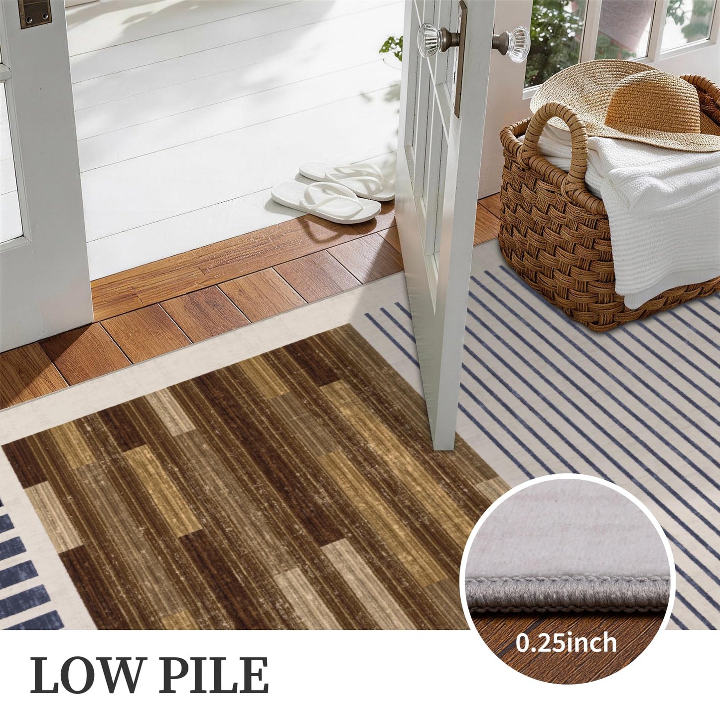YIHOUSE Washable Area Rug 5x7 Modern Striped Lines Black and Brown - Living Room Rugs Low Pile Non-Slip - Black and White Rug for Bedroom Farmhouse Hardwood Decor