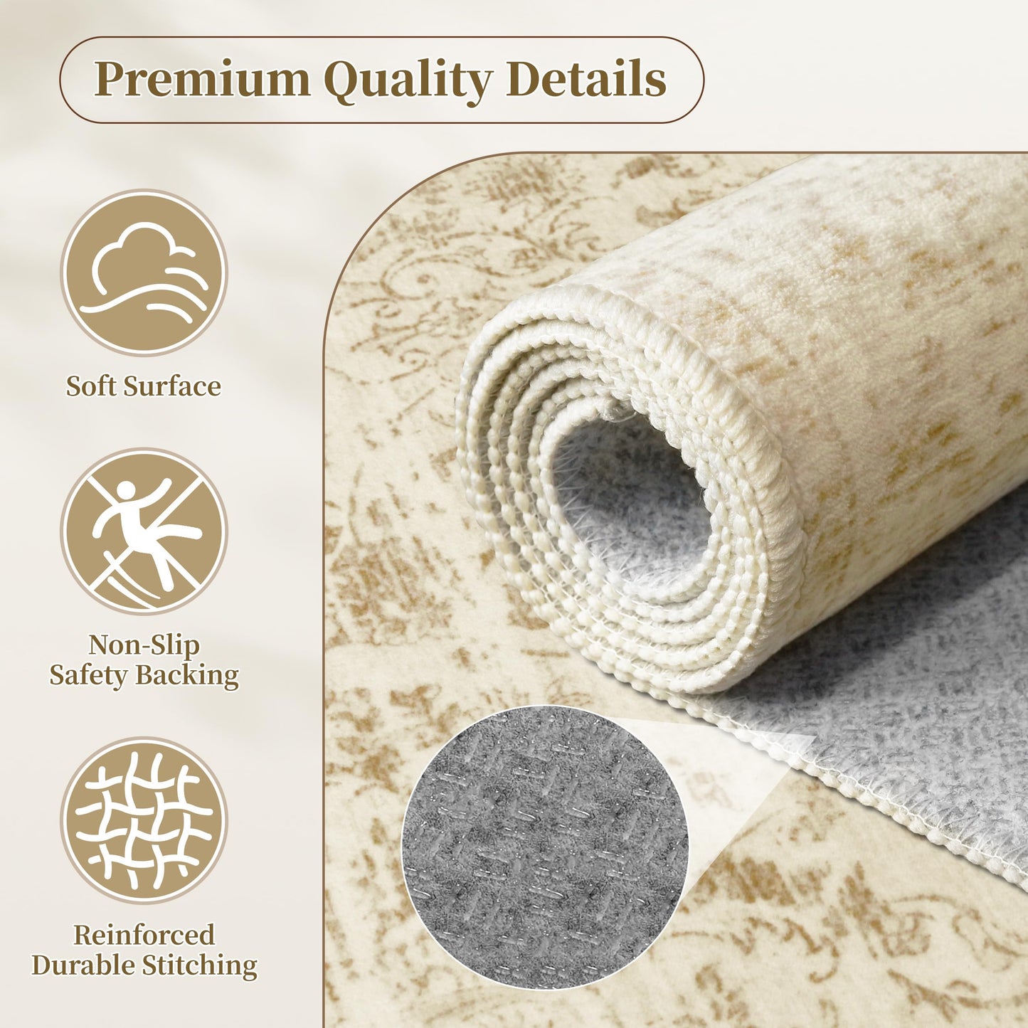 TTelephant Beige Living Room Rugs 8x10, Neutral Vintage Boho Carpet for Bedroom and Dining Room, Low Pile Nursery Indoor Area Rug with Non-Slip Silicone Backing, Non-Shedding