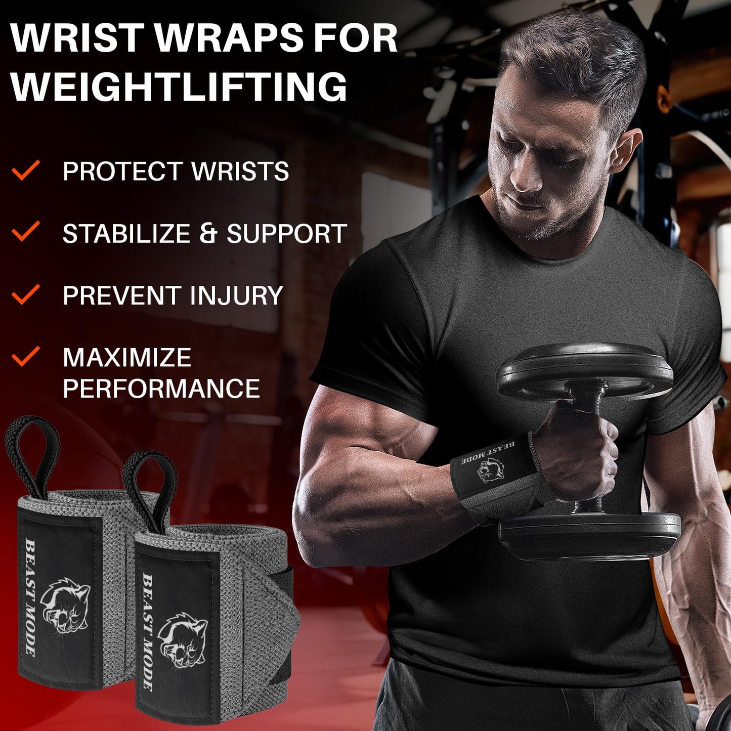TECEUM Weightlifting Wrist Wraps with Thumb Loop – Gray – Beast Mode – 18 inch – Heavy-Duty Workout Wrist Support & Protection – Ideal for Powerlifting, Strength Training, Bodybuilding