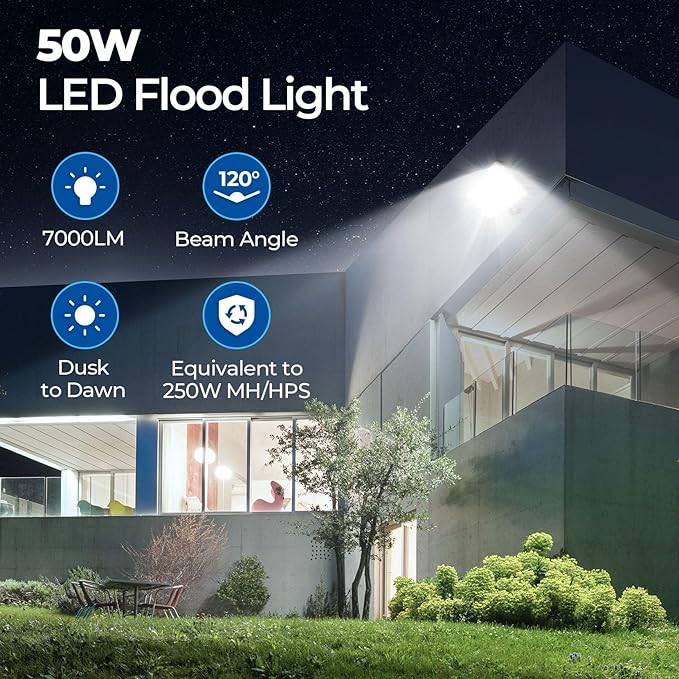 CINOTON Dusk to Dawn LED Flood Light Outdoor 50W, 7000LM IP65 Waterproof Security Wall Light Fixture with 180°Knuckle for Warehouse Patio Porch Garage 5000K Daylight AC100-277V