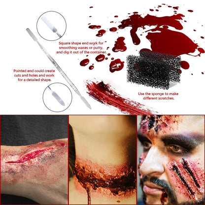 Halloween SFX Makeup Kit Fake Blood(100ML) + Liquid Latex(60ML) + Spatula Tool + 2Pcs Stipple Sponge For Scary Halloween Special Effects Cosplay Costumes Decorations