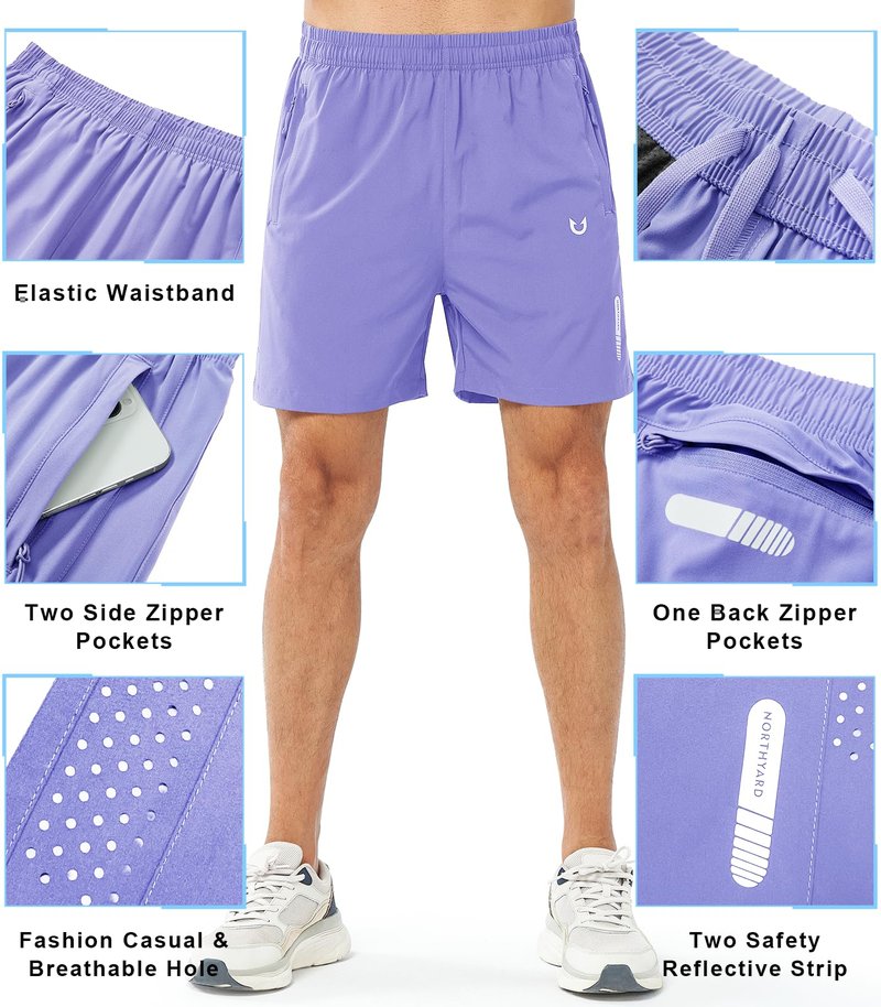 NORTHYARD Men's Athletic Running Shorts Gym Workout 7"/9"/5" Quick Dry Lightweight Sports Basketball Tennis 3 Zipper Pockets VIOLET-5inch M