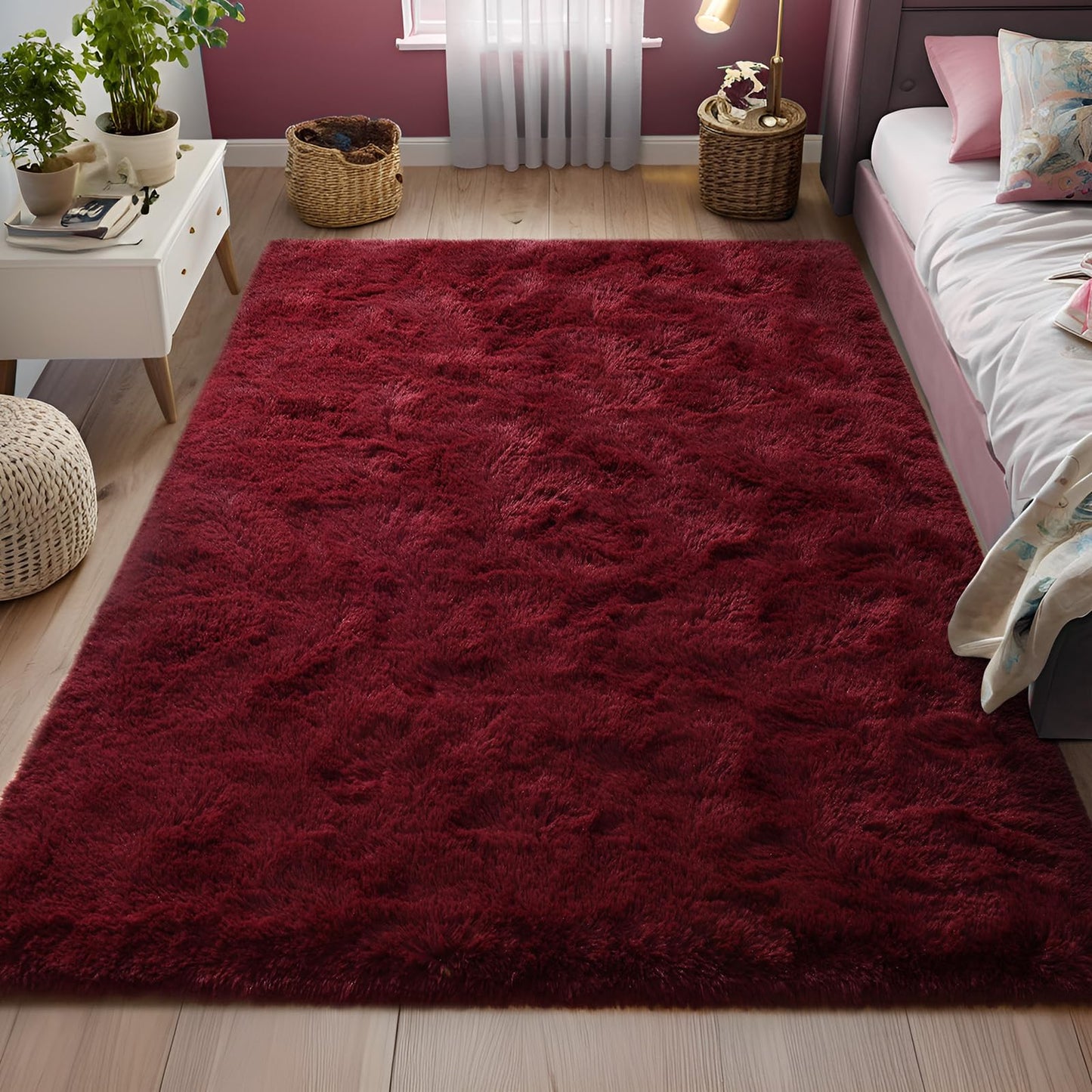 FALARK Fluffy Burgundy Red Rugs for Bedroom, 4x6 Feet Dark Red Area Rug for Living Room, Soft Shaggy Plush Cute Floor Carpet for Boys Kids Girls Bedroom, Non Slip and Washable Carpets for Home Decor