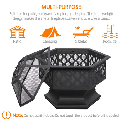 Yaheetech Fire Pit Heavy Duty Fire Bowl Large Fire Pit with Mesh Poker for Outside Patio Heater/Camping Bonfire/Garden/Backyard/Poolside, Hexagon Shaped, Black