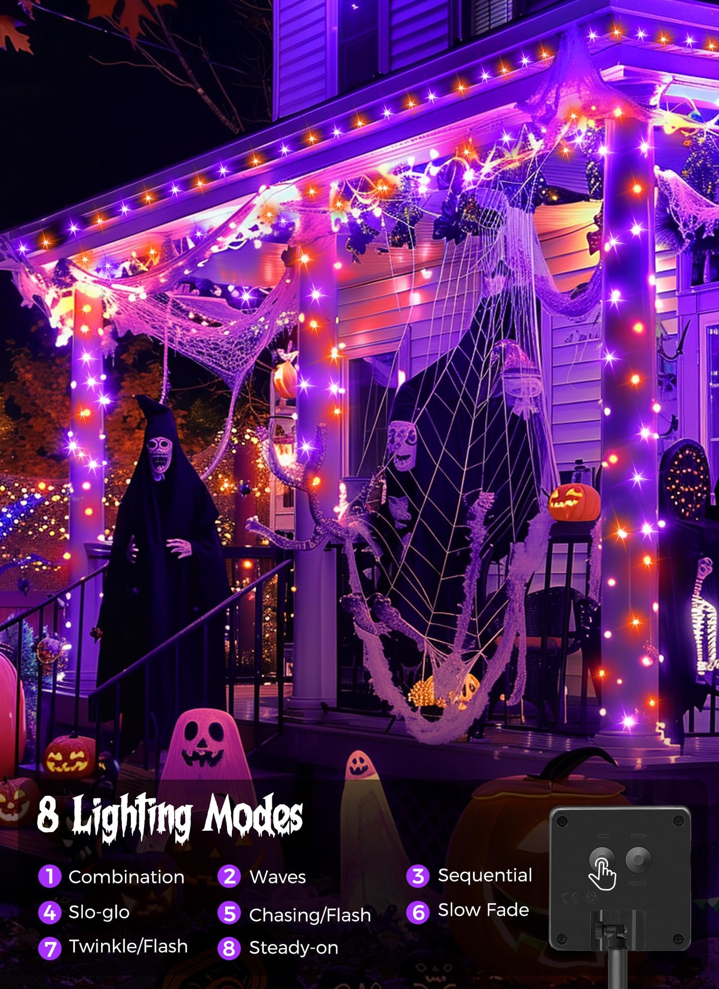 Minetom Solar Halloween Lights Outdoor, 40FT 100 LED Halloween String Lights with 8 Modes, Halloween Decoration Outdoor, Waterproof Solar String Lights for Outside Tree Yard Party, Orange & Purple