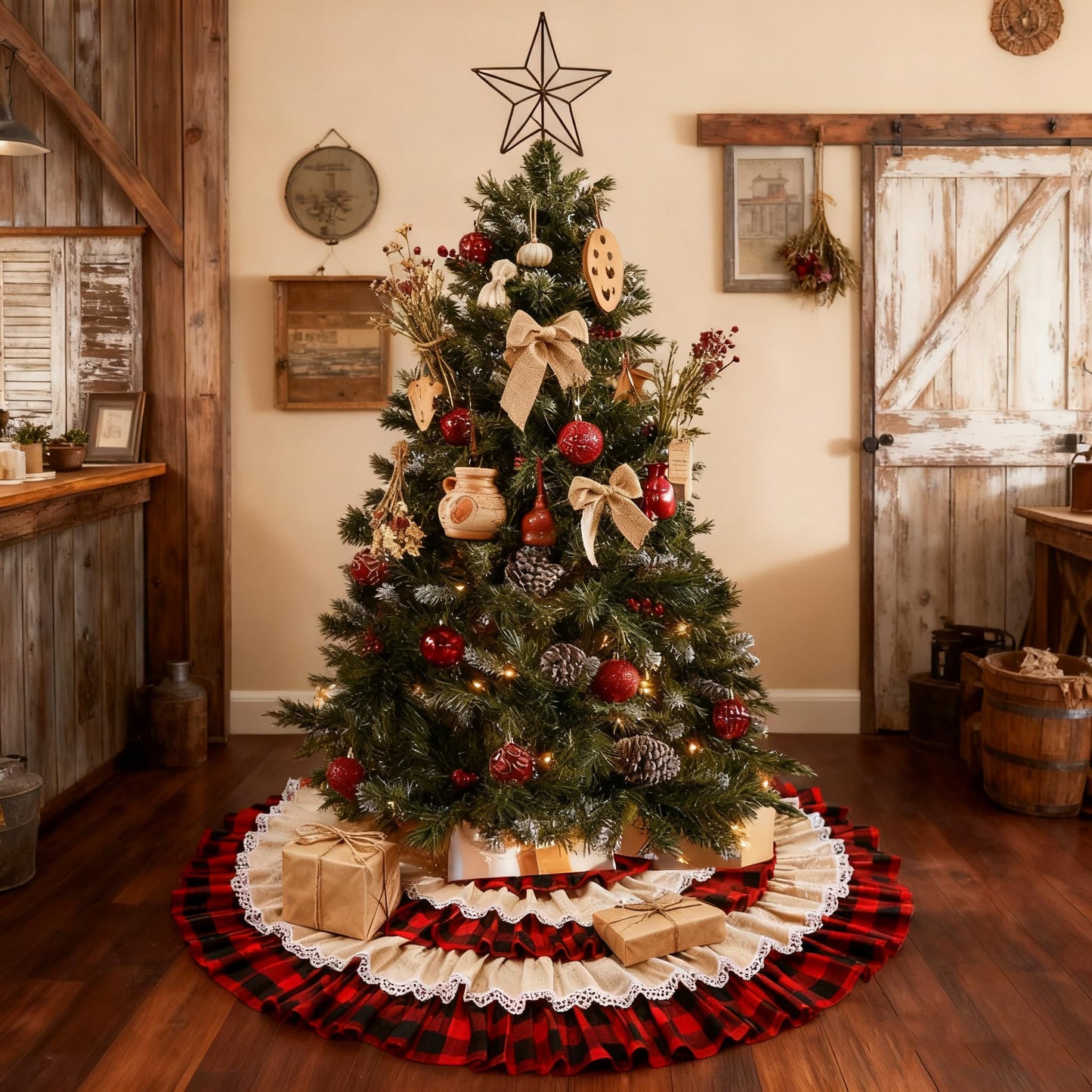 yuboo Burlap Buffalo Plaid Christmas Tree Skirt 48 inches, Red Farmhouse 6-Layer Ruffle Tree Skit with Lace Border for 5-7 FT Trees, Fall Thanksgiving Christmas Decorations