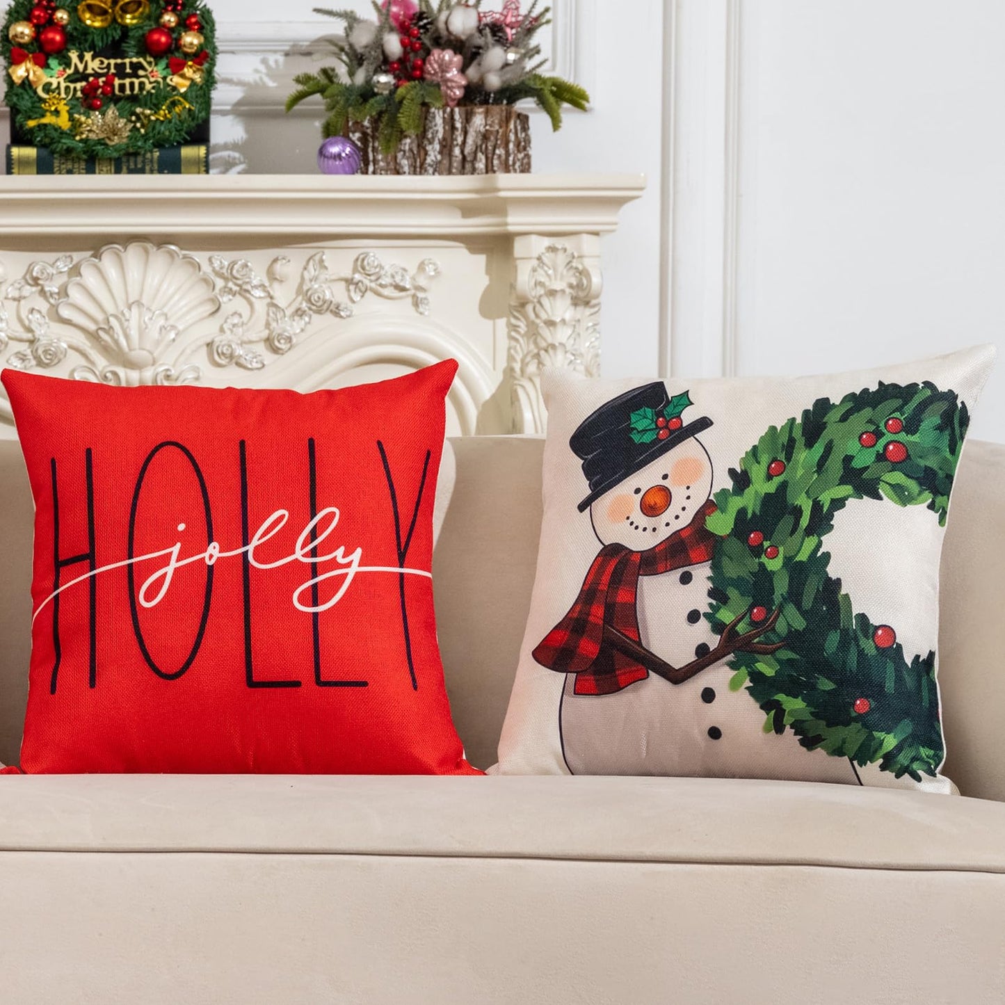 Hongsome Christmas Throw Pillow Covers 18x18 in Set of 4 Decorations,Decorative Snowman Santa Pillow Case for Couch Sofa Winter Holiday Indoor Outdoor Home Red White Xams Decor