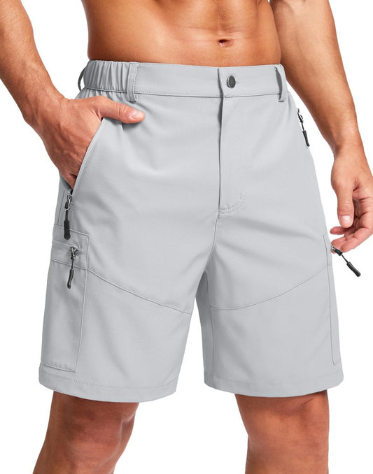 Pudolla Men's Hiking Cargo Shorts Lightweight 7" Travel Casual Shorts for Men Golf Work Outdoor with 5 Zipper Pockets(Bright Grey Small)