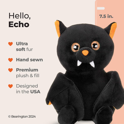 Bearington Collection Echo The Bat Halloween Plush, 7.5 Inch Bat Stuffed Animal, for Ages 3-14