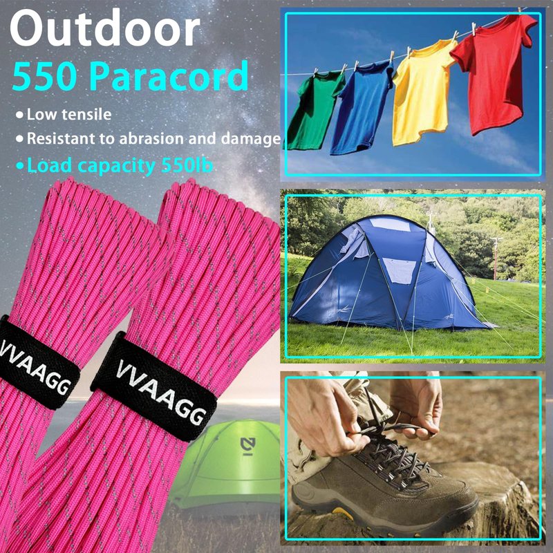 VVAAGG Pink Reflective Paracord Rope 100FT, 7 Strand Nylon para Cord Lanyard Utility 550 Parachute Cord, 4mm Thin Tent Rope for Outdoor Camping Hiking (Pink)