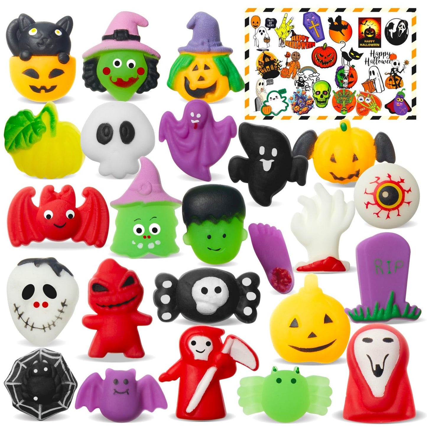TOANWOD 24PCS Halloween Party Favors Squishy Toys : Goodie Bag Stuffers Fidgets Toys Bulk Cheap - Halloween Trinkets Trick or Treat - Classroom Prize Gifts School Supplies (24 Squishies+24 Stickers)
