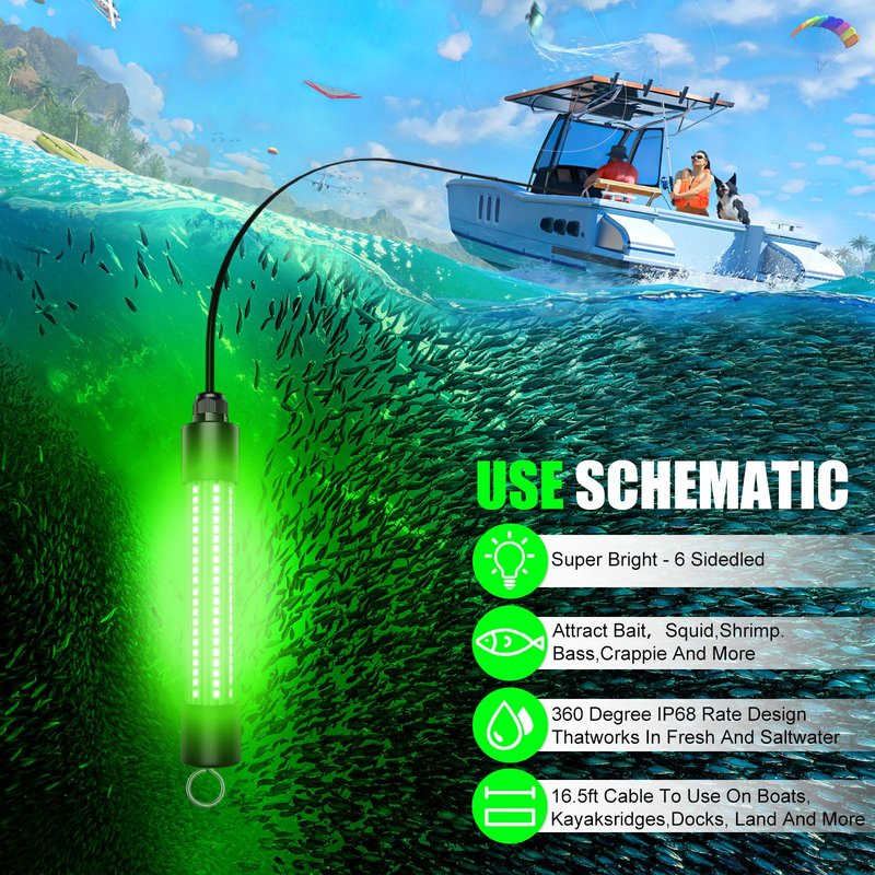 Underwater Fishing Light Compatible for Dewalt 20V Battery，LED Green Light for IP68 1300 Lumens Fish Attracting, Night Fishing for Docks Boats or Kayaks(no Battery)