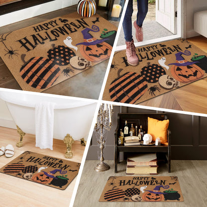 Happy Halloween Jack O'Lantern Doormat Spooky Indoor Outdoor Home Front Porch Rugs Witches Hat Brewing Carpet Gift Fall October Entrance Ornament Supplies 17 x 30 Inches